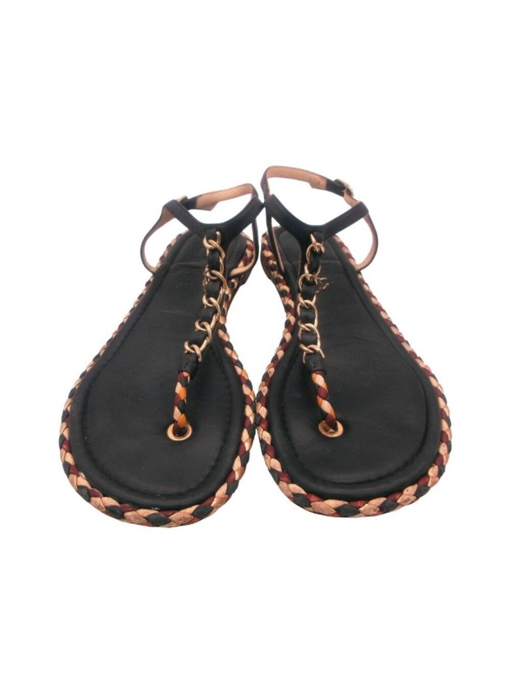 Chanel Sandals Gold Chain T Strap CC Logo Charm Leather Mesh Braided Shoes